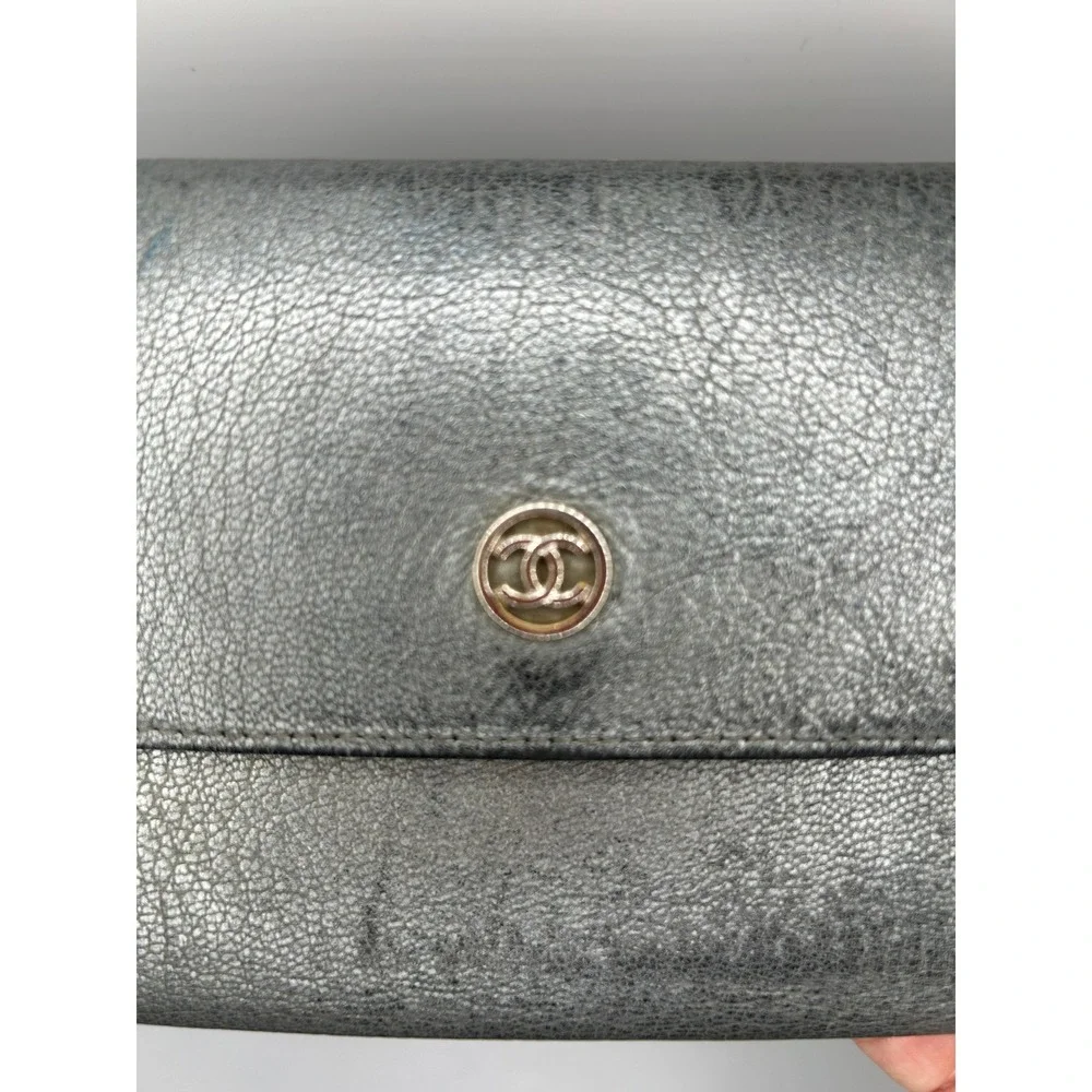 Chanel metallic grey Leather Wallet CC Logo COA card Included#100‎